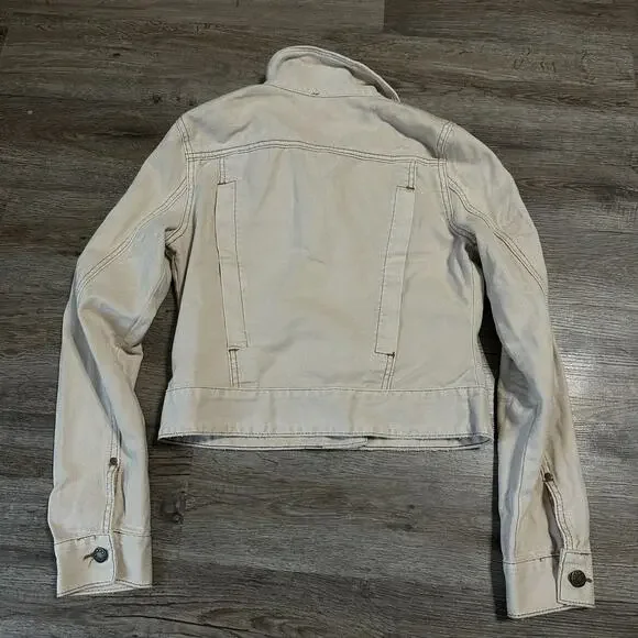 Free People XS Denim Jean Jacket Beige Tan Cropped Boho Trucker - Picture 4 of 4
